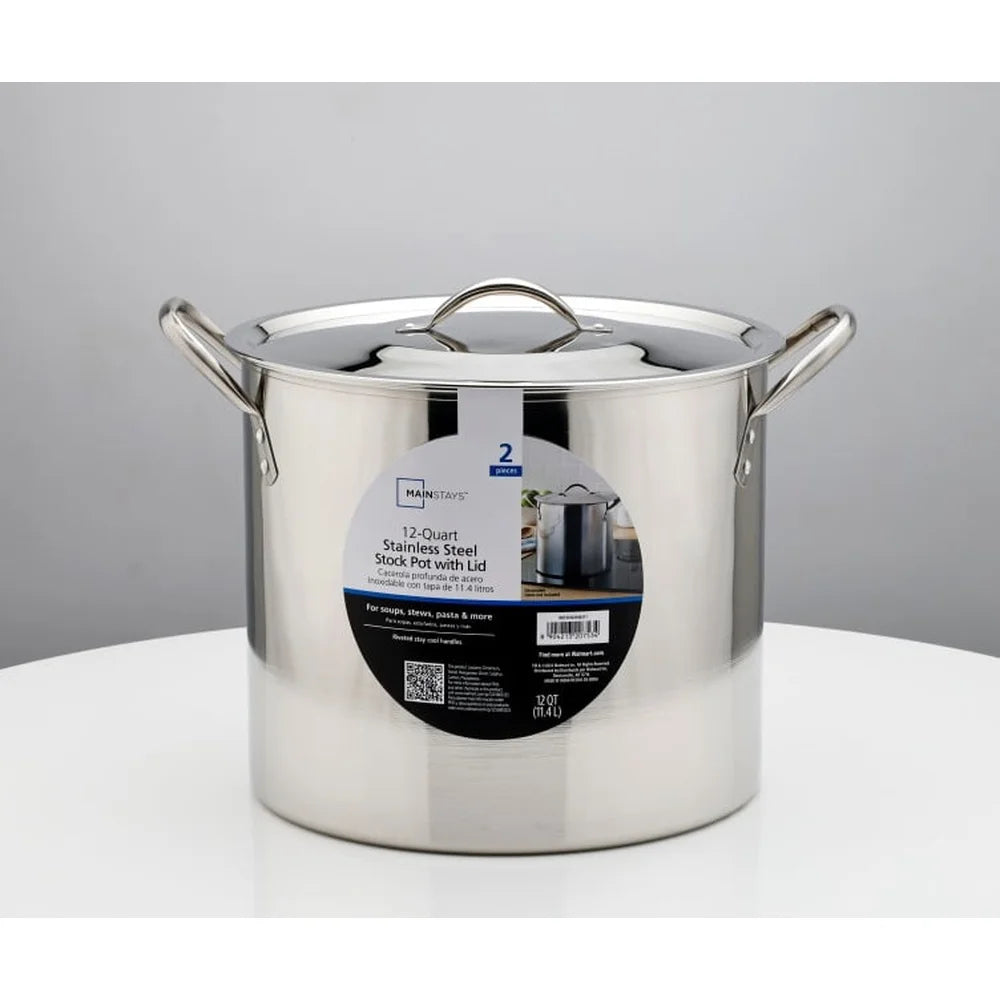 12 Quart Stainless Steel Stock Pot with Metal Lid Stay Cool Handles Heavy Duty Cookware Soup Stew Boiling Ideal Kitchens