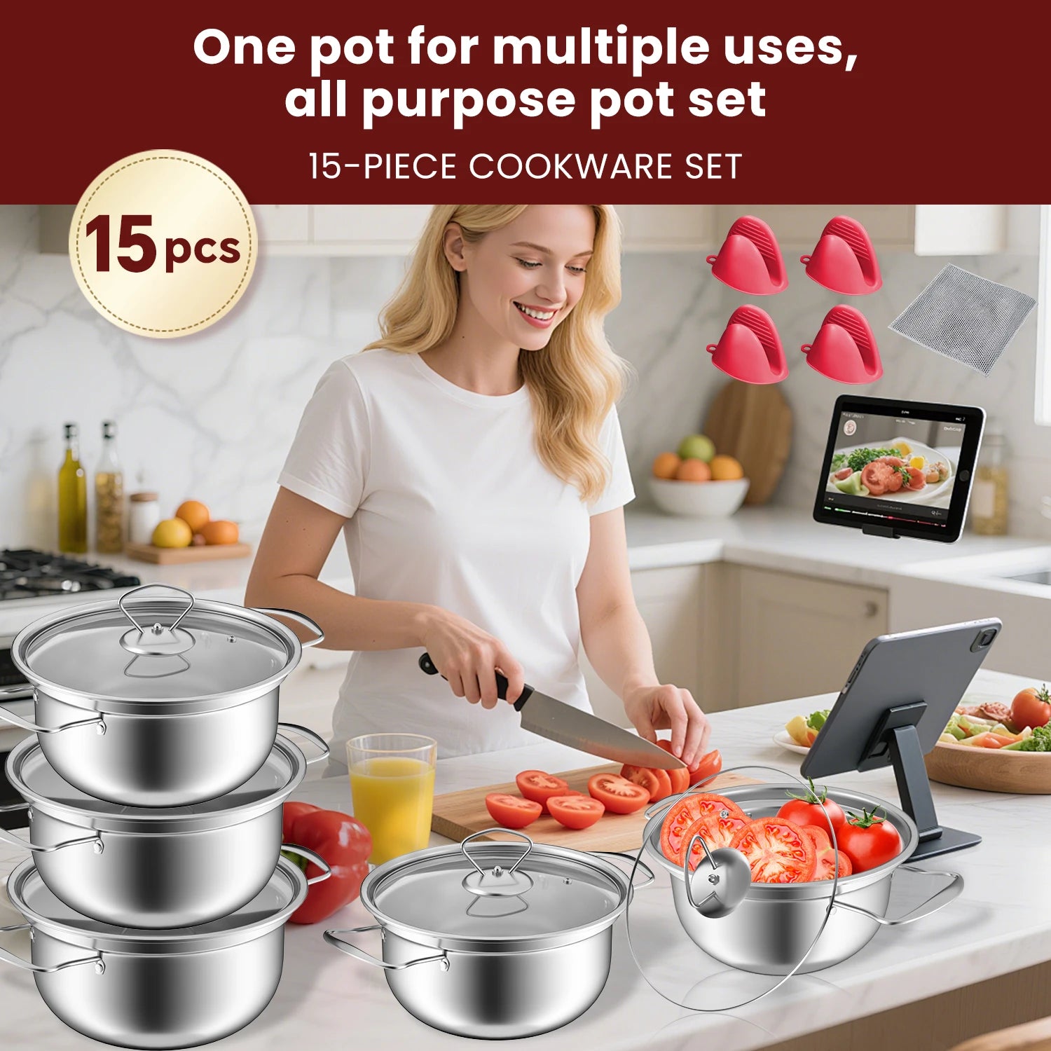 15-piece stainless steel cookware set, non-stick pan set, frying pan, stew pot, wok, multi-functional, stylish, durable, the per