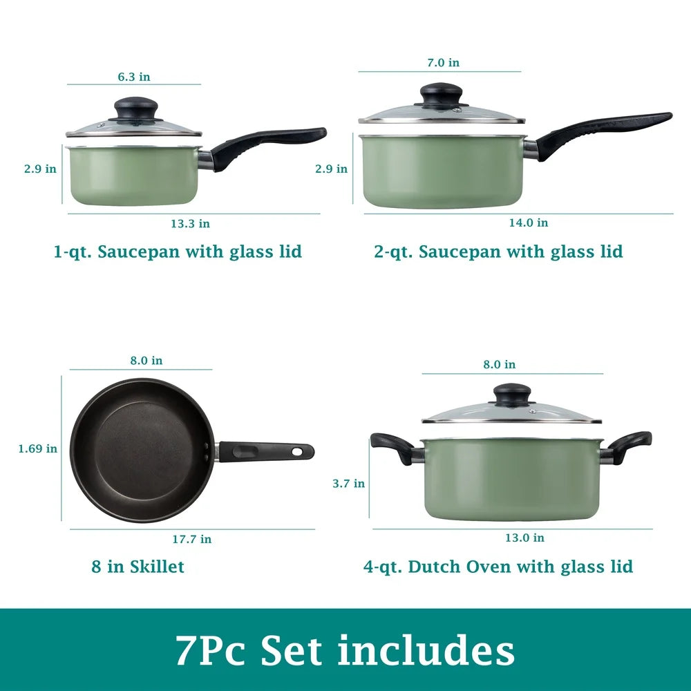 7 Piece Nonstick Cookware Set Lightweight Aluminum Pots and Pans Dishwasher Safe Easy Cleanup Cooking Essentials Beginners and